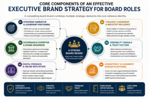 Infographic showing the core components of an effective Executive Brand Strategy for Board Roles including governance expertise, digital presence, thought leadership, and credibility signals.