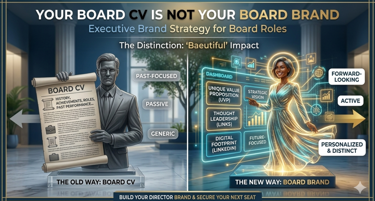 Executive brand strategy for board roles comparison between traditional board CV and modern board brand with digital visibility, thought leadership, and strategic positioning.