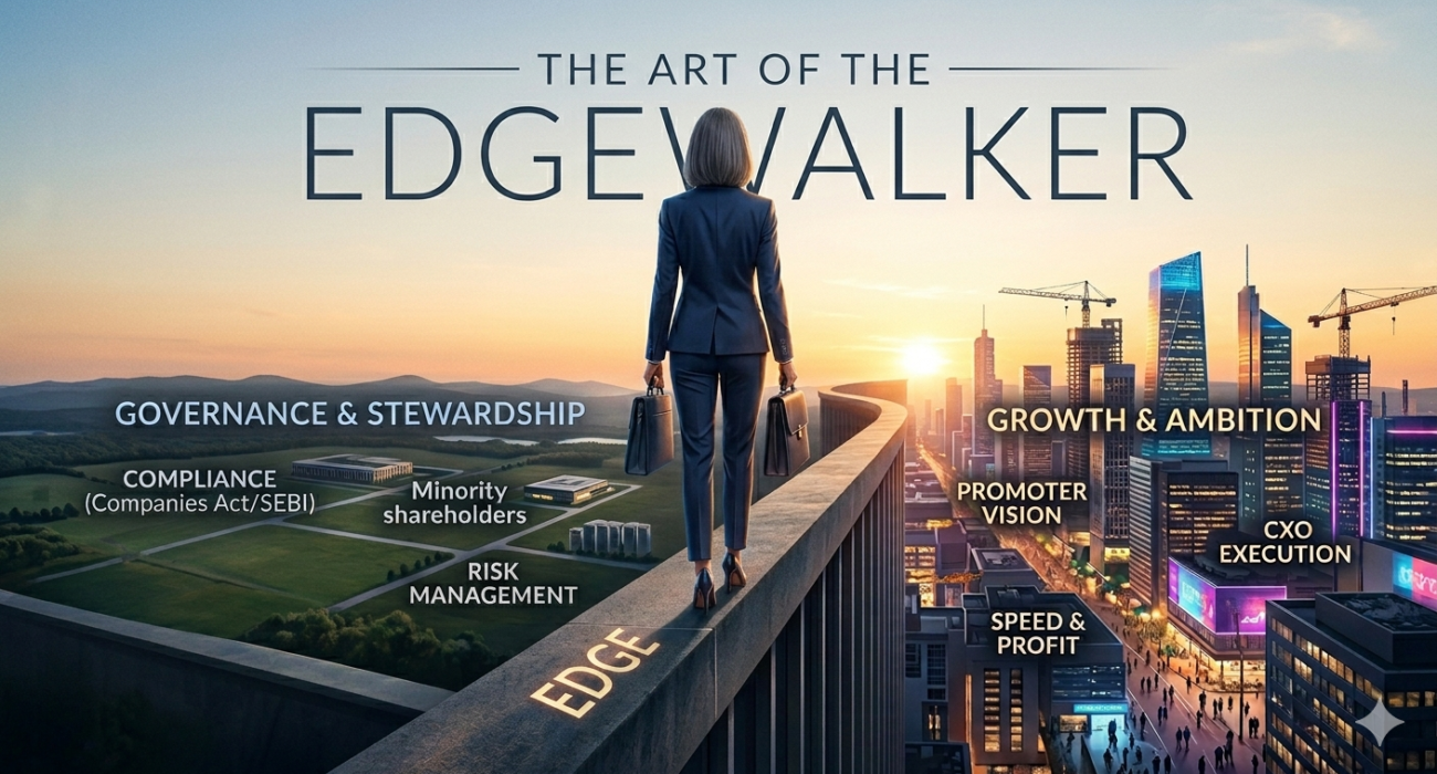 Independent Director walking on the edge between corporate governance responsibilities and business growth ambitions, symbolizing balance between compliance, risk management, minority shareholder protection, and strategic execution.