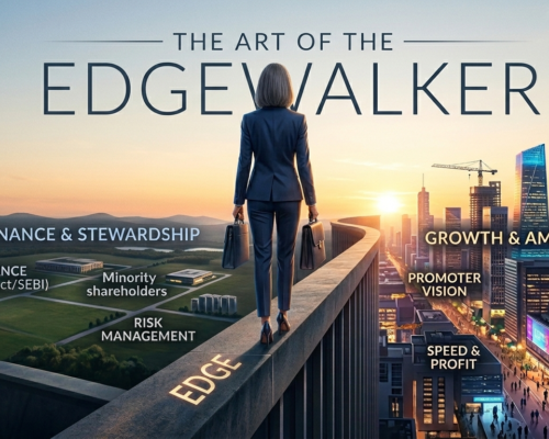 Independent Director walking on the edge between corporate governance responsibilities and business growth ambitions, symbolizing balance between compliance, risk management, minority shareholder protection, and strategic execution.
