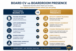 Infographic comparing traditional board CV and modern boardroom presence with thought leadership, governance narrative, executive visibility, and digital positioning for directors.