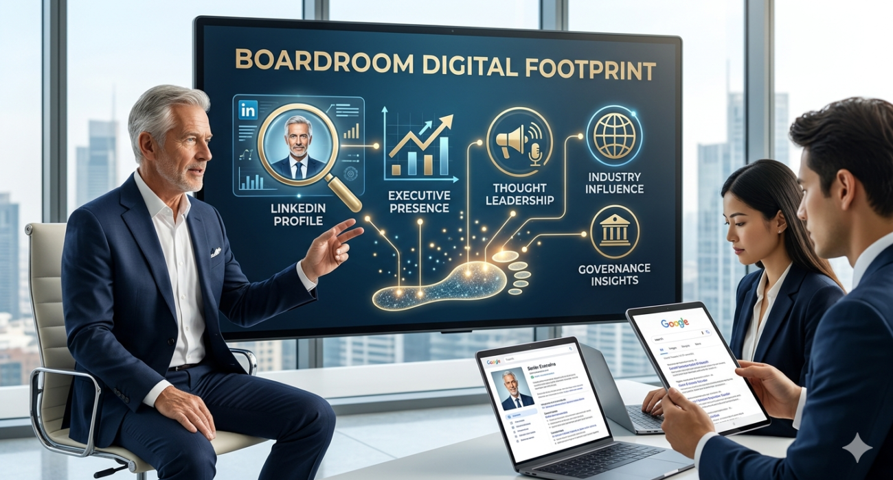 Senior executives discussing Boardroom Digital Footprint with LinkedIn visibility, governance insights, thought leadership, and executive presence displayed on a digital boardroom screen.