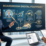 Senior executives discussing Boardroom Digital Footprint with LinkedIn visibility, governance insights, thought leadership, and executive presence displayed on a digital boardroom screen.