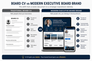 Infographic comparing a traditional board CV with a modern executive board brand showing strategic positioning, digital visibility, governance expertise, and leadership branding.