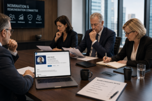 Nomination committee reviewing a senior executive's LinkedIn profile during digital due diligence for a board seat appointment.