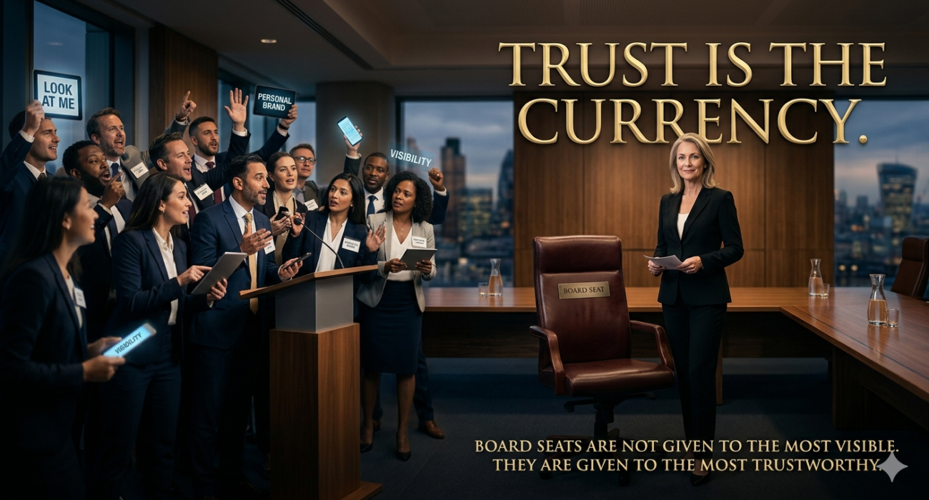A corporate executive woman standing calmly next to an empty boardroom chair, contrasted with a chaotic crowd of executives shouting and holding signs for visibility. Optimized for securing board seats through trust.