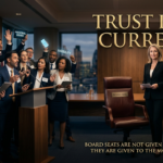 A corporate executive woman standing calmly next to an empty boardroom chair, contrasted with a chaotic crowd of executives shouting and holding signs for visibility. Optimized for securing board seats through trust.