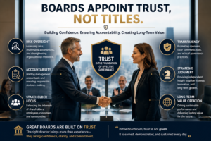 Board Value Proposition illustration showing trust, governance oversight, accountability, transparency, strategic judgment, and long-term value creation in a boardroom setting.