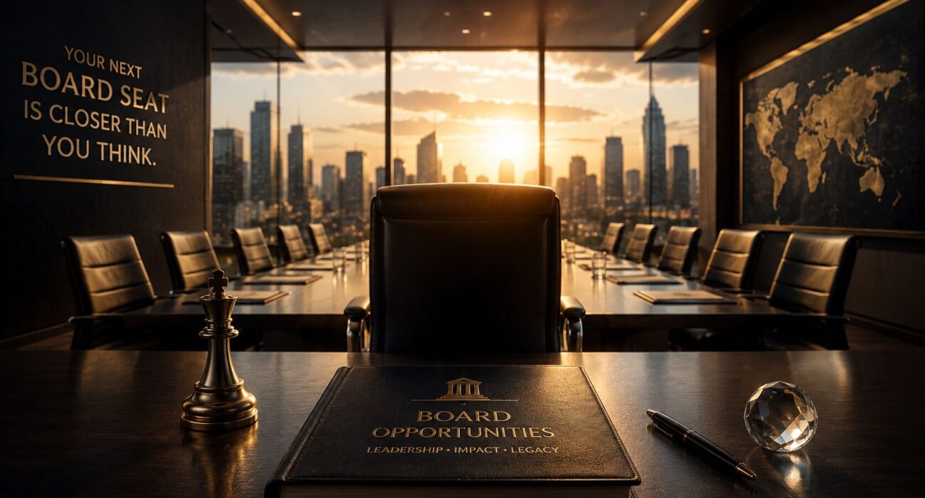 Executive boardroom scene representing boardroom branding, strategic leadership, and the journey to earning a boardroom position through credibility and governance expertise.