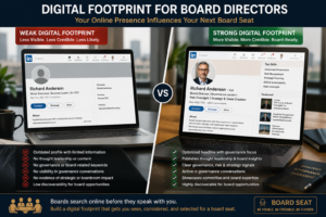 Infographic comparing a weak and strong digital footprint for board directors, showing how governance visibility and thought leadership can improve board seat opportunities.