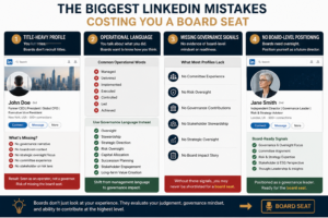 Infographic showing the biggest LinkedIn mistakes that can cost executives a board seat, including weak governance signals, operational language, and poor board positioning.