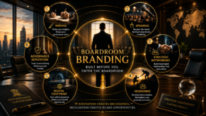 Infographic illustrating the six pillars of Boardroom Branding, including writing, speaking, strategic networking, mentoring, digital footprint, and governance reputation for aspiring board directors.