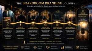 Roadmap infographic showing the Boardroom Branding journey, including governance writing, public speaking, strategic networking, mentoring, digital footprint, and board appointment readiness.