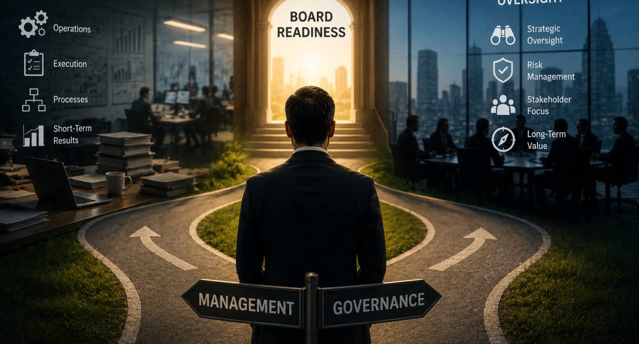 Executive choosing between management and governance pathways, illustrating the transition from operational leadership to board readiness and board-level strategic oversight.