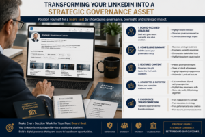 Infographic showing how to transform a LinkedIn profile into a strategic governance asset to improve board seat readiness and board search visibility.