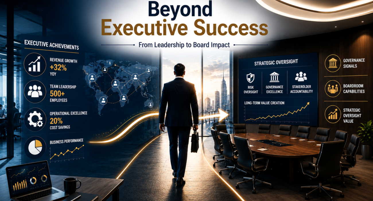 Senior executive transitioning from operational leadership to board-relevant experience through governance signals and strategic oversight value.
