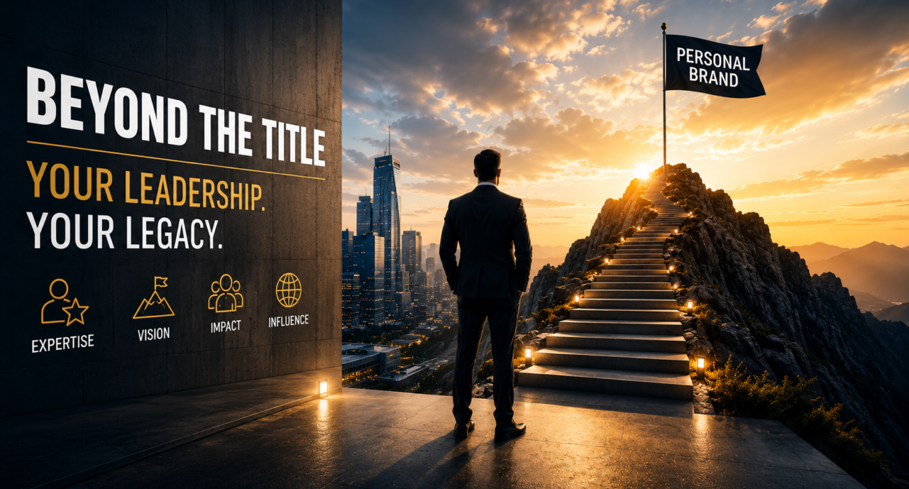Executive personal branding concept showing a business leader looking toward a pathway marked by personal brand, representing leadership legacy, influence, and career growth beyond designation.