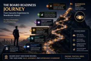 Board readiness roadmap showing the path for board aspirants from executive leadership to governance, fiduciary readiness, and board director opportunities.