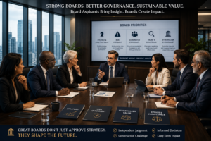 Board aspirants participating in a corporate boardroom discussion focused on governance, strategy, risk oversight, and stakeholder value creation.