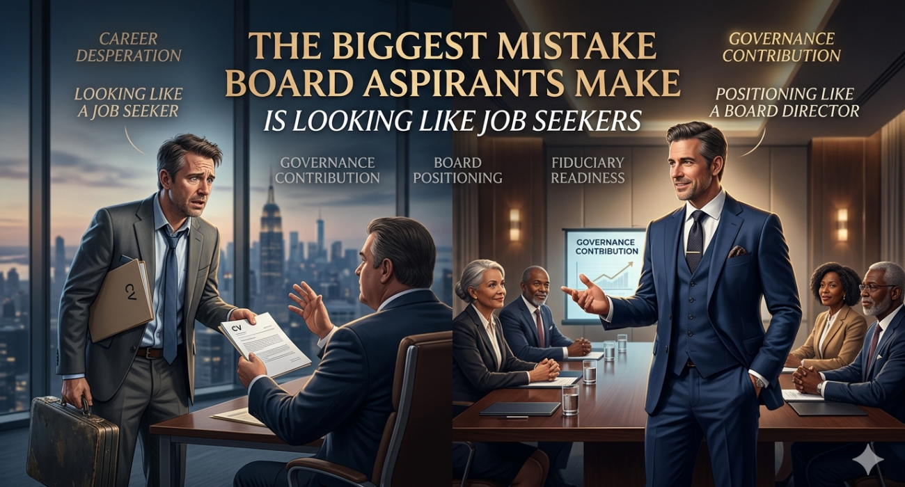 Board aspirants learning the difference between job-seeker positioning and governance-focused board positioning for director roles.