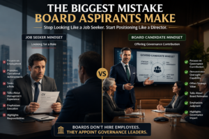 Board aspirants comparing job seeker mindset versus board candidate mindset with a focus on governance contribution, fiduciary readiness, and board positioning.