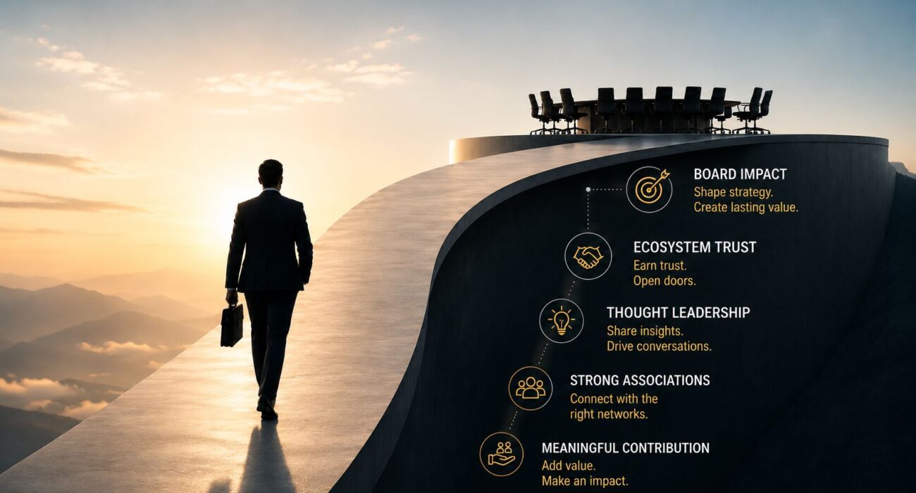 Executive walking toward a boardroom illustrating board portfolio career growth through thought leadership, trust, contribution, and professional associations.