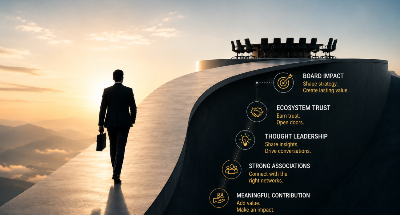 Executive walking toward a boardroom illustrating board portfolio career growth through thought leadership, trust, contribution, and professional associations.