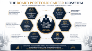 Board portfolio career ecosystem diagram showing contribution, thought leadership, governance visibility, relationship building, governance excellence, and board opportunities