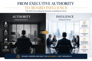 Board portfolio career illustration showing the transition from executive authority to board influence and strategic governance