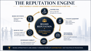 Board portfolio career reputation engine showing how contribution, thought leadership, governance visibility, industry trust, and professional relationships lead to board opportunities