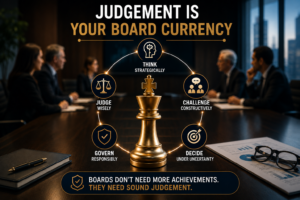Board Positioning image showing judgment as a strategic governance asset with a golden chess king representing board leadership, strategic thinking, and governance capability.