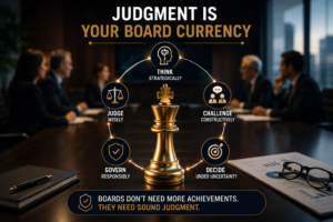 Board Positioning image showing judgment as a strategic governance asset with a golden chess king representing board leadership, strategic thinking, and governance capability.