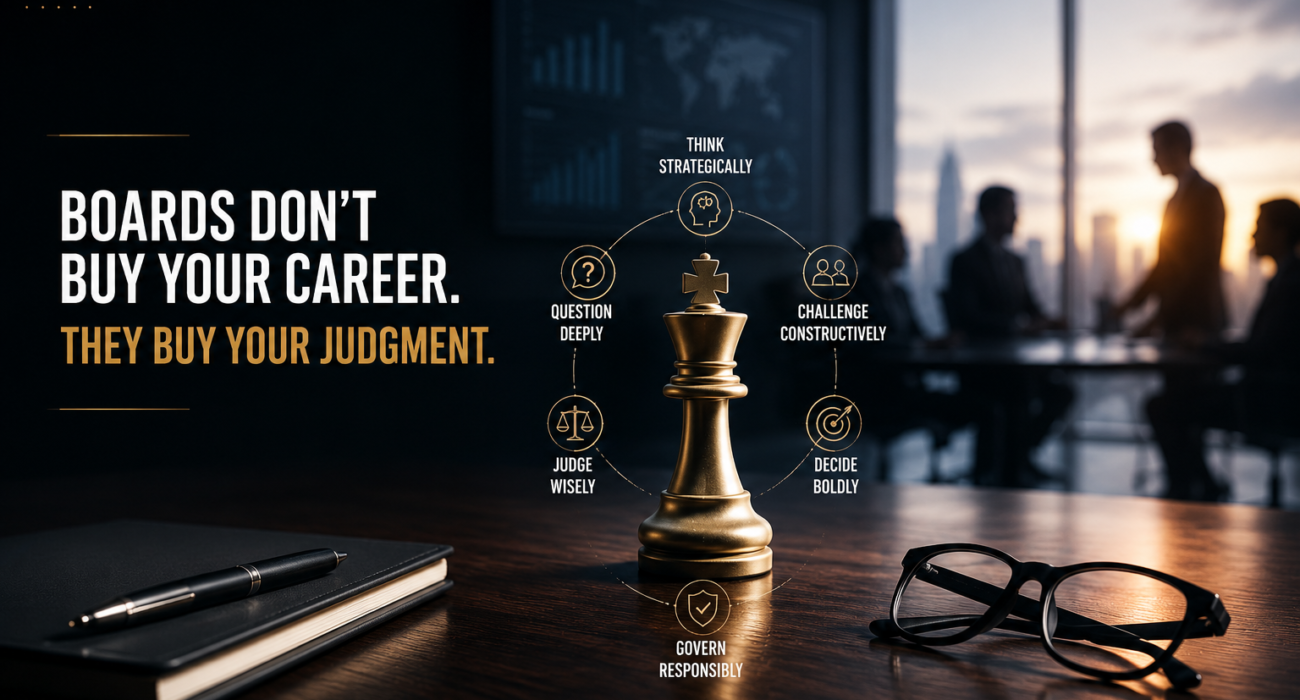 Creative Board Positioning concept showing that boards buy judgment, strategic thinking, and governance capability rather than executive careers.