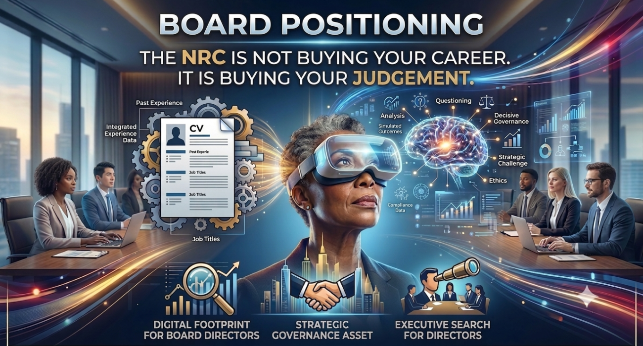 A corporate infographic illustrating modern board positioning and corporate governance. The image shows diverse executives in a boardroom. The center is an African American woman with a VR headset, with dynamic light trails connecting a 'Career CV' on the left with a glowing 'Judgment Brain' on the right, all underneath text reading 'THE NRC IS NOT BUYING YOUR CAREER. IT IS BUYING YOUR JUDGMENT.'