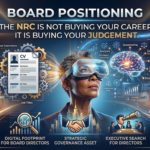 A corporate infographic illustrating modern board positioning and corporate governance. The image shows diverse executives in a boardroom. The center is an African American woman with a VR headset, with dynamic light trails connecting a 'Career CV' on the left with a glowing 'Judgment Brain' on the right, all underneath text reading 'THE NRC IS NOT BUYING YOUR CAREER. IT IS BUYING YOUR JUDGMENT.'