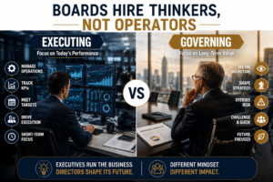 Board Positioning concept showing the difference between executive execution and board governance, highlighting that boards hire strategic thinkers rather than operators.