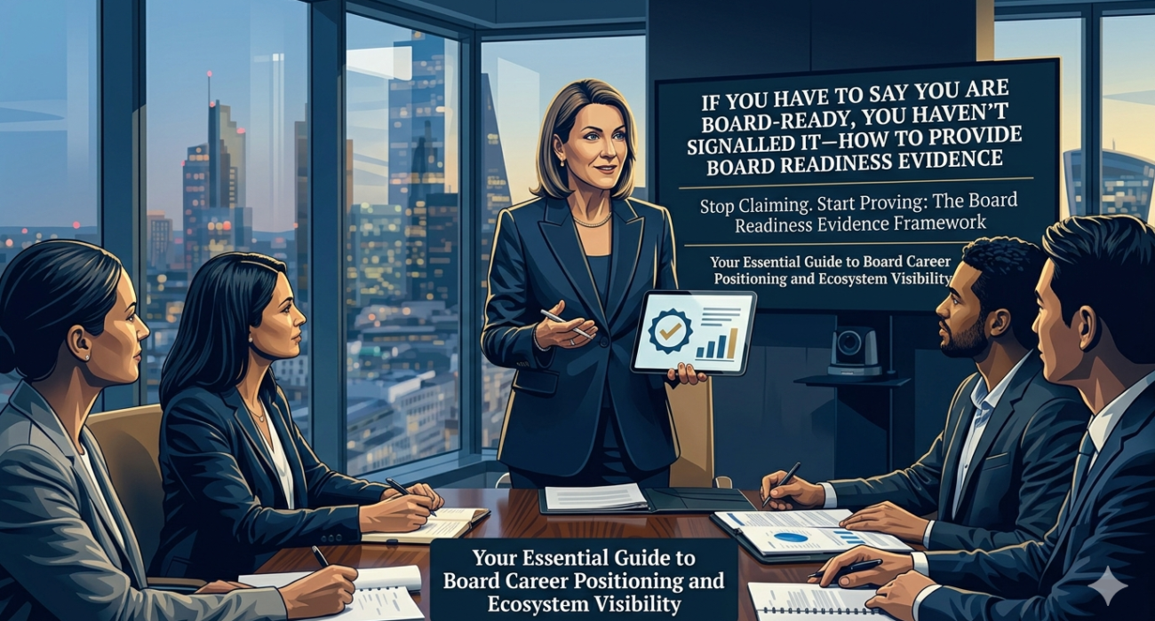 Executive presenting a board readiness evidence framework to board candidates in a corporate boardroom, demonstrating governance experience, strategic leadership, and board career positioning.