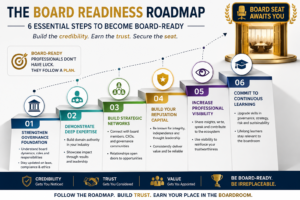 Board readiness roadmap for becoming an Independent Director in India showing governance expertise, strategic networking, reputation capital, professional visibility, continuous learning, and board appointments