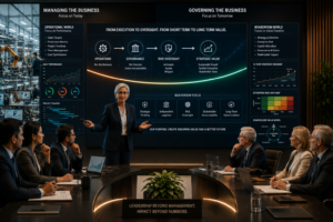 Senior independent director leading a strategic board discussion connecting operational management with governance and long-term business strategy.