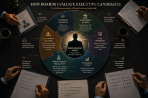 Board-relevant experience evaluation framework showing how nomination committees assess executive candidates across governance, risk oversight, strategic judgment, independence, and financial literacy.