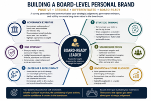 Board-level personal brand infographic showing Strategic Judgement, governance expertise, strategic thinking, risk oversight, stakeholder focus, leadership impact, and innovation readiness as essential components of board readiness.