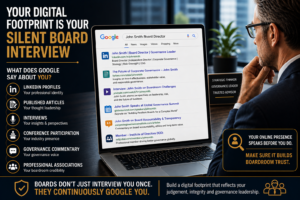 Digital Footprint for Board Directors image showing a senior executive reviewing online governance content, highlighting how board candidates build credibility through thought leadership, professional visibility, and a strong digital presence.