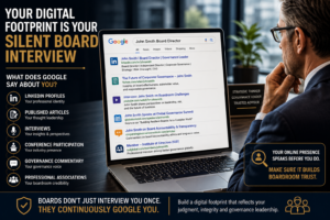 Digital Footprint for Board Directors image showing a senior executive reviewing online governance content, highlighting how board candidates build credibility through thought leadership, professional visibility, and a strong digital presence.