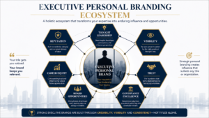 Executive personal branding ecosystem diagram showing reputation, thought leadership, visibility, trust, governance excellence, board opportunities, and career equity