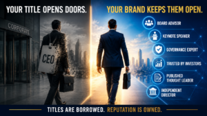 Executive personal branding illustration showing the difference between a corporate title and a lasting leadership reputation