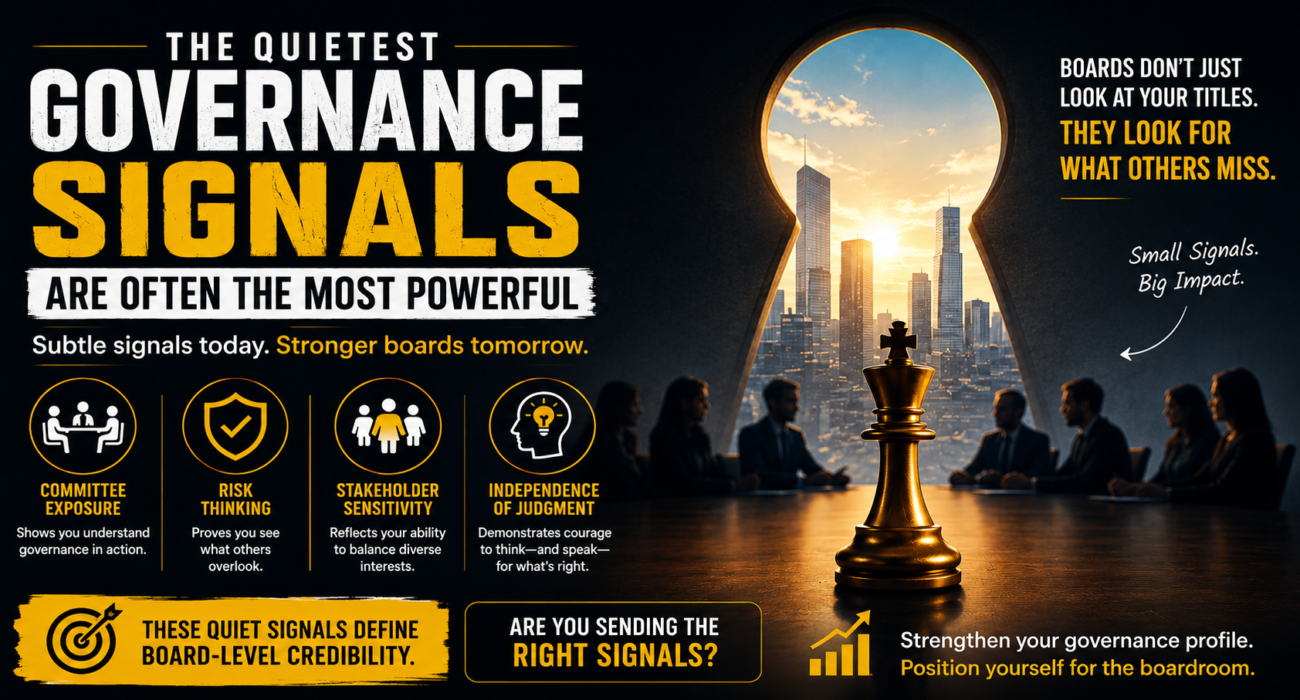 Governance signals that build board-level credibility including committee exposure, risk thinking, stakeholder sensitivity, and independence of judgment for aspiring board directors.