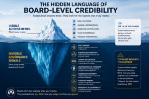 Governance signals iceberg model showing visible executive achievements above the surface and hidden governance qualities including risk thinking, stakeholder sensitivity, committee exposure, and independence of judgment below the surface.