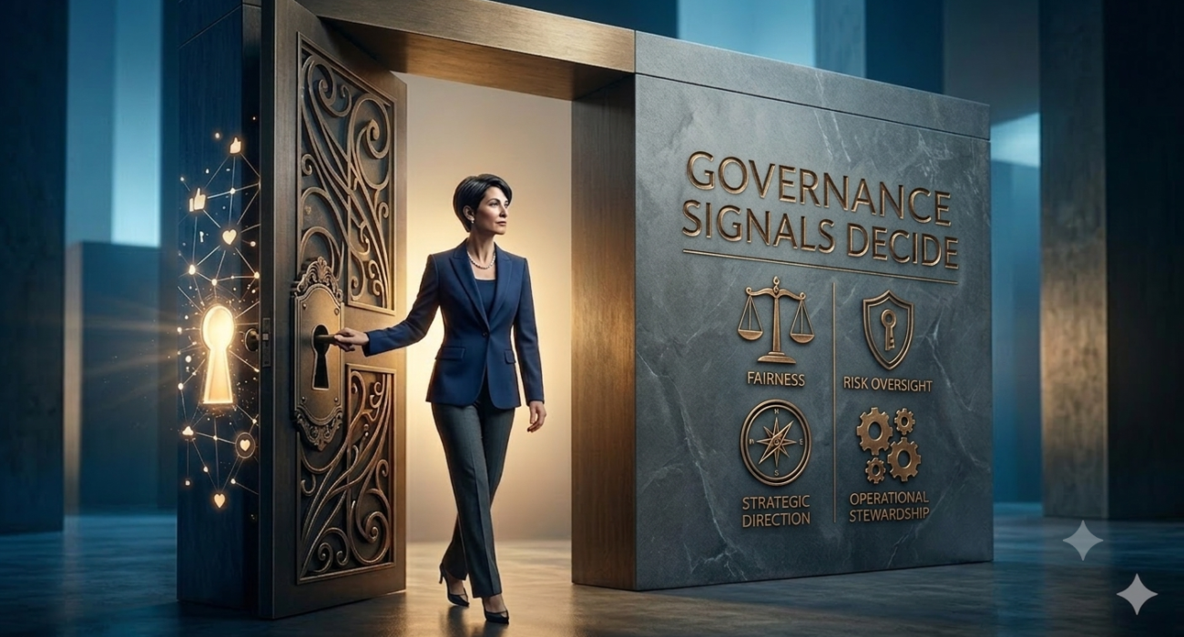 Executive entering a boardroom symbolizing governance signals, board readiness, director credibility, strategic oversight, and board leadership.