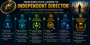 How to Become an Independent Director in India roadmap showing executive branding, governance expertise, strategic networking, board evaluation, and board appointment process
