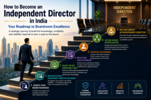 How to Become an Independent Director in India roadmap showing board readiness, MCA databank registration, IICA proficiency test, executive branding, strategic networking, and board appointments